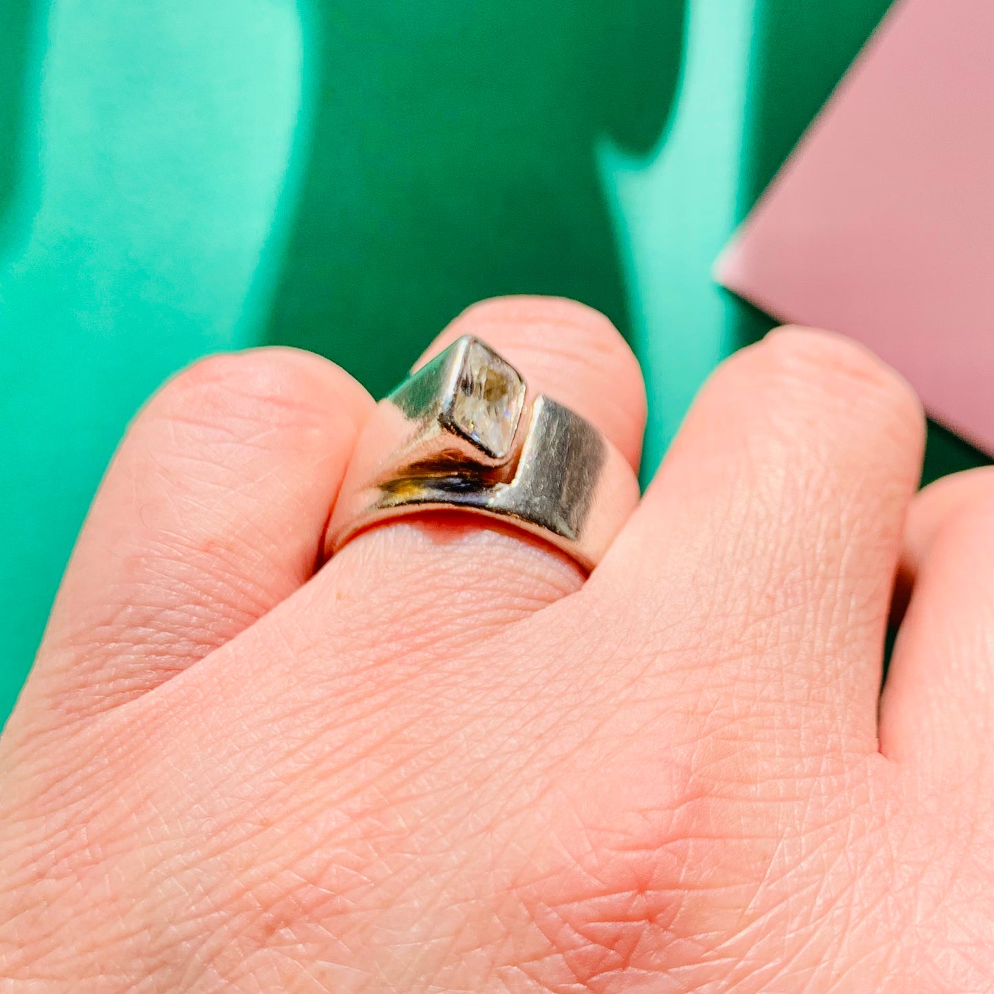 Extremely rare modernist 1960s silver ring with cubic zirconia stone
