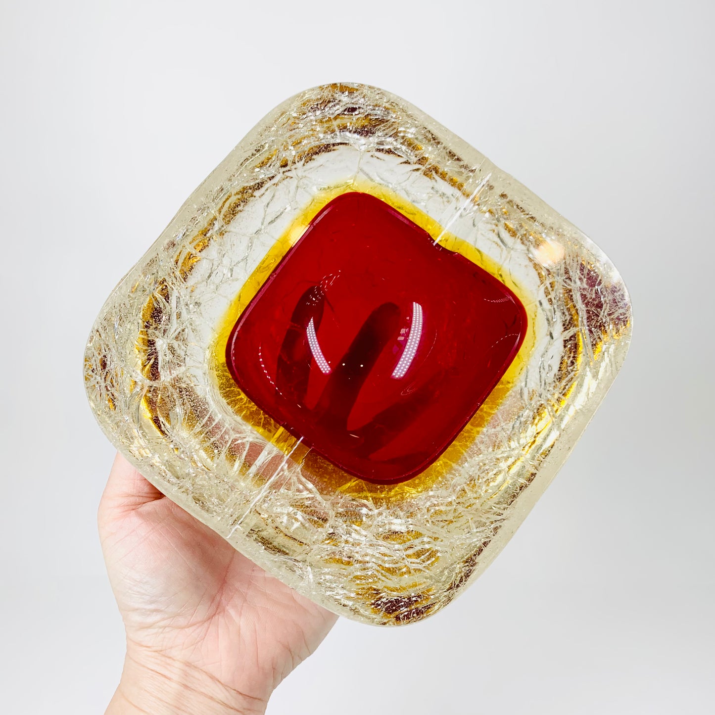Extremely rare large MCM square geode of red and amber crackle glass sommerso ashtray by Mandruzzato