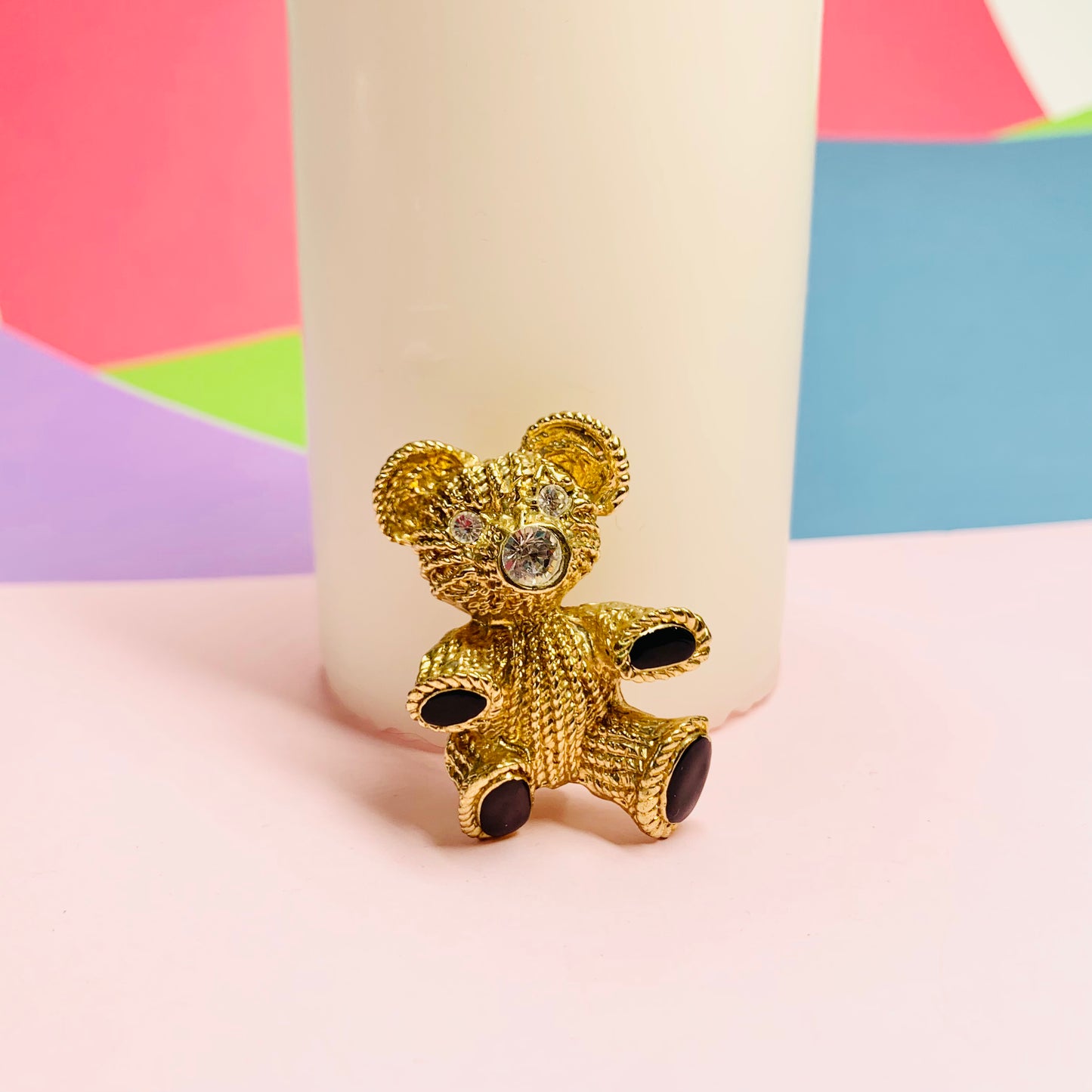 1960s plated alloy teddy bear brooch with cubic zirconia and black enamel