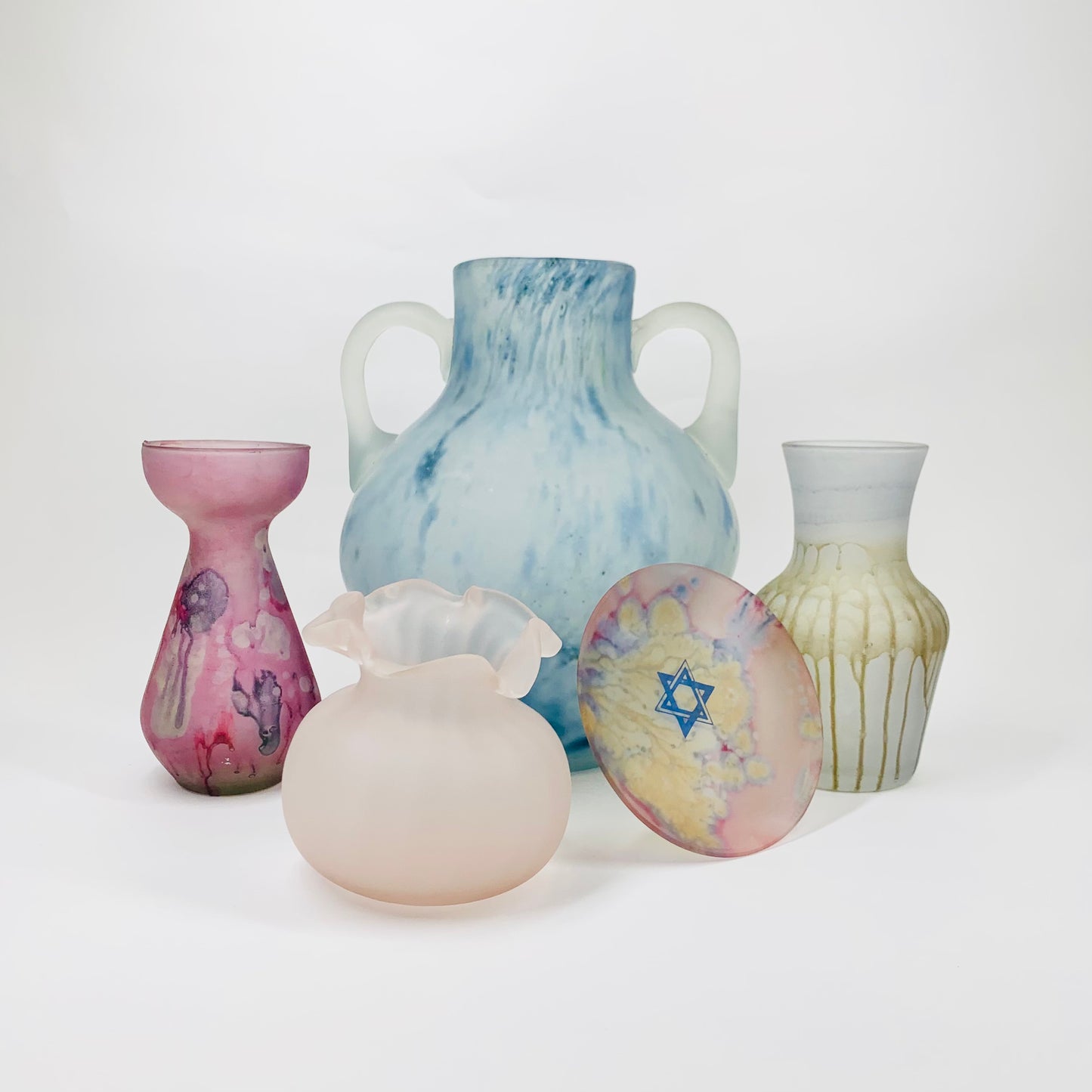 Rare vintage hand painted Israeli pink purple satin glass vase by Simron