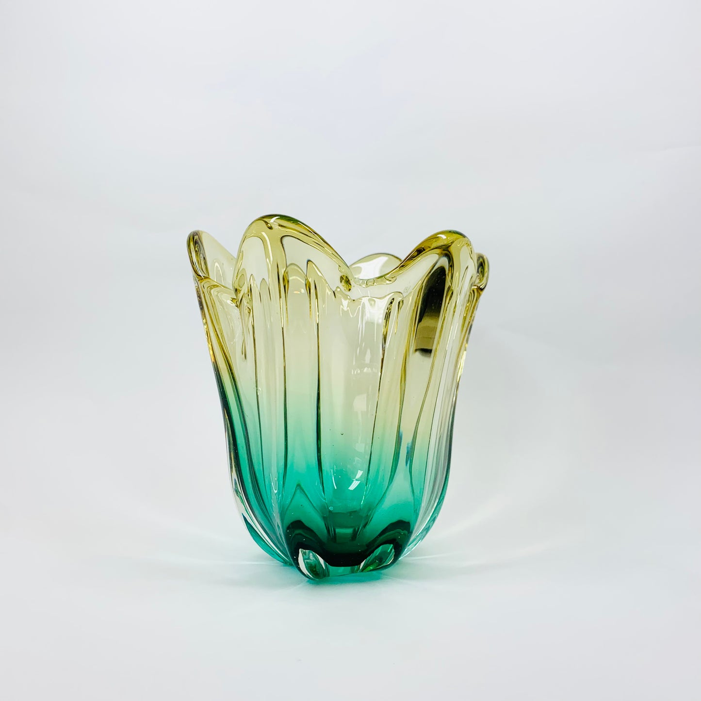 Rare MCM Murano green & yellow glass handkerchief vase