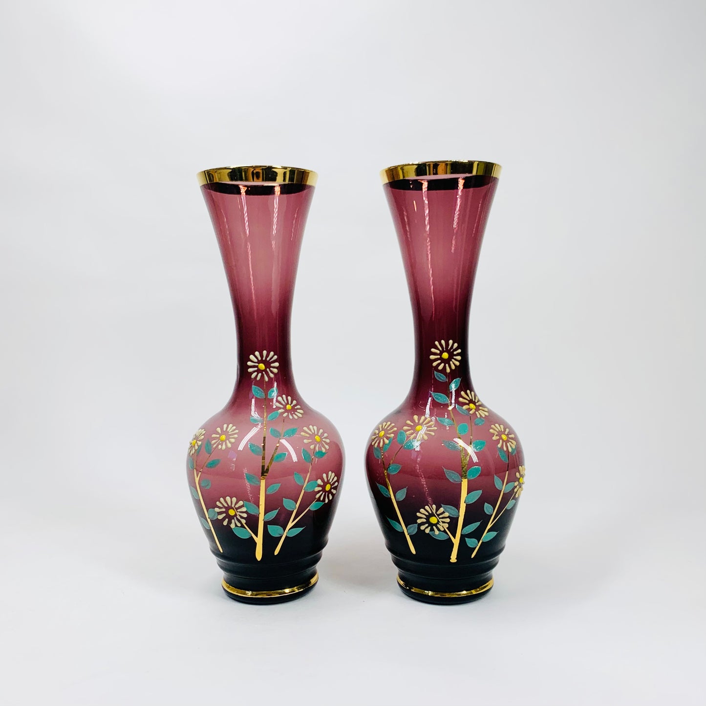 Vintage hand painted purple glass vase with gold rim