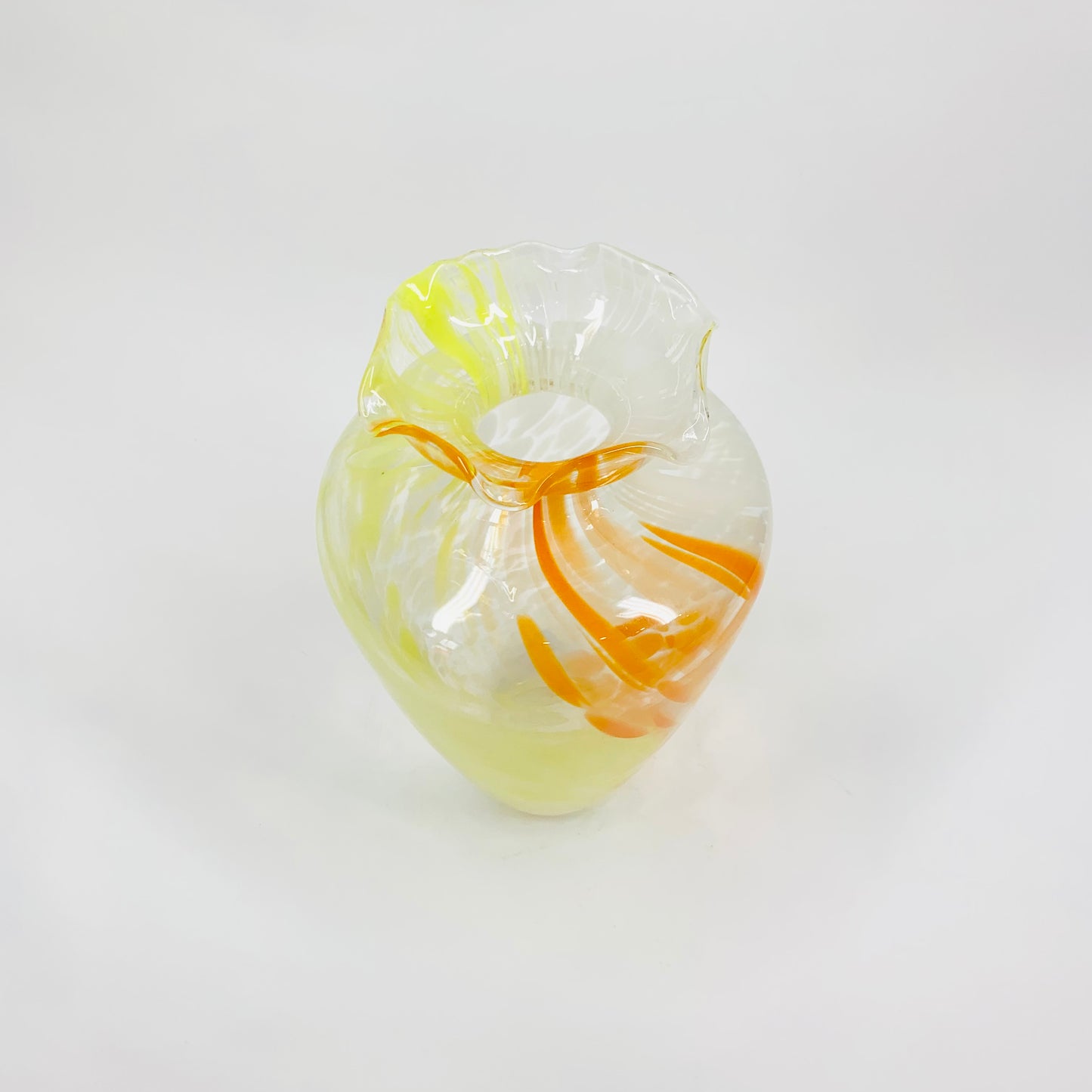 MCM ruffle rim Murano yellow, orange & white speckle glass vase