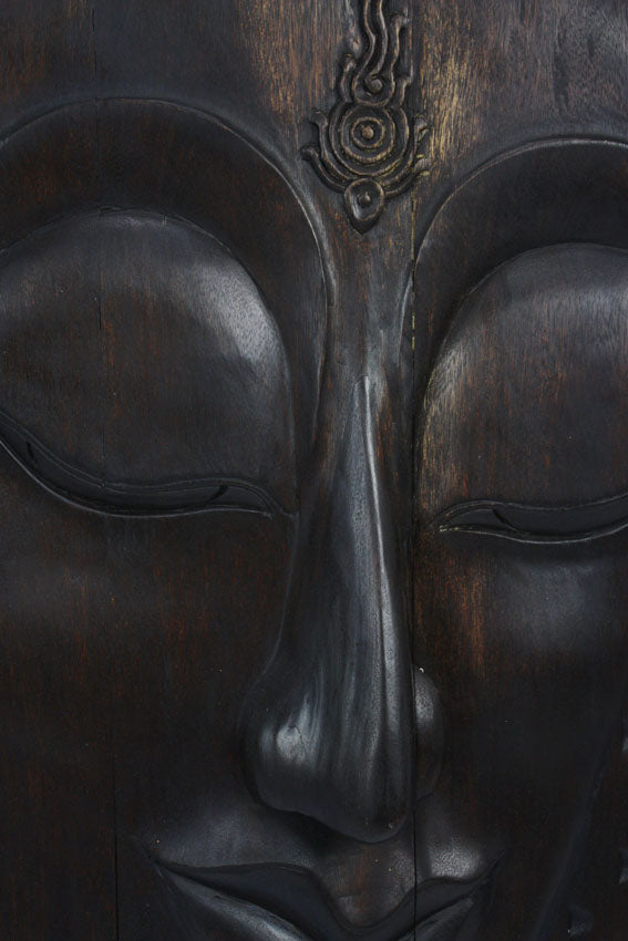 Buddha face wooden panel, dark wood finish - 86cm high, Thai - Farang