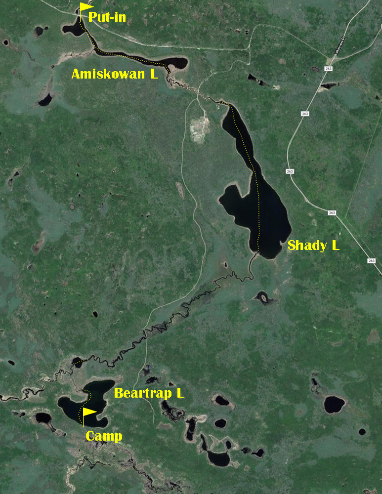 Beartrap Lake canoe trip map in Prince Albert National Park, Saskatchewan 