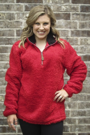 red sherpa pullover