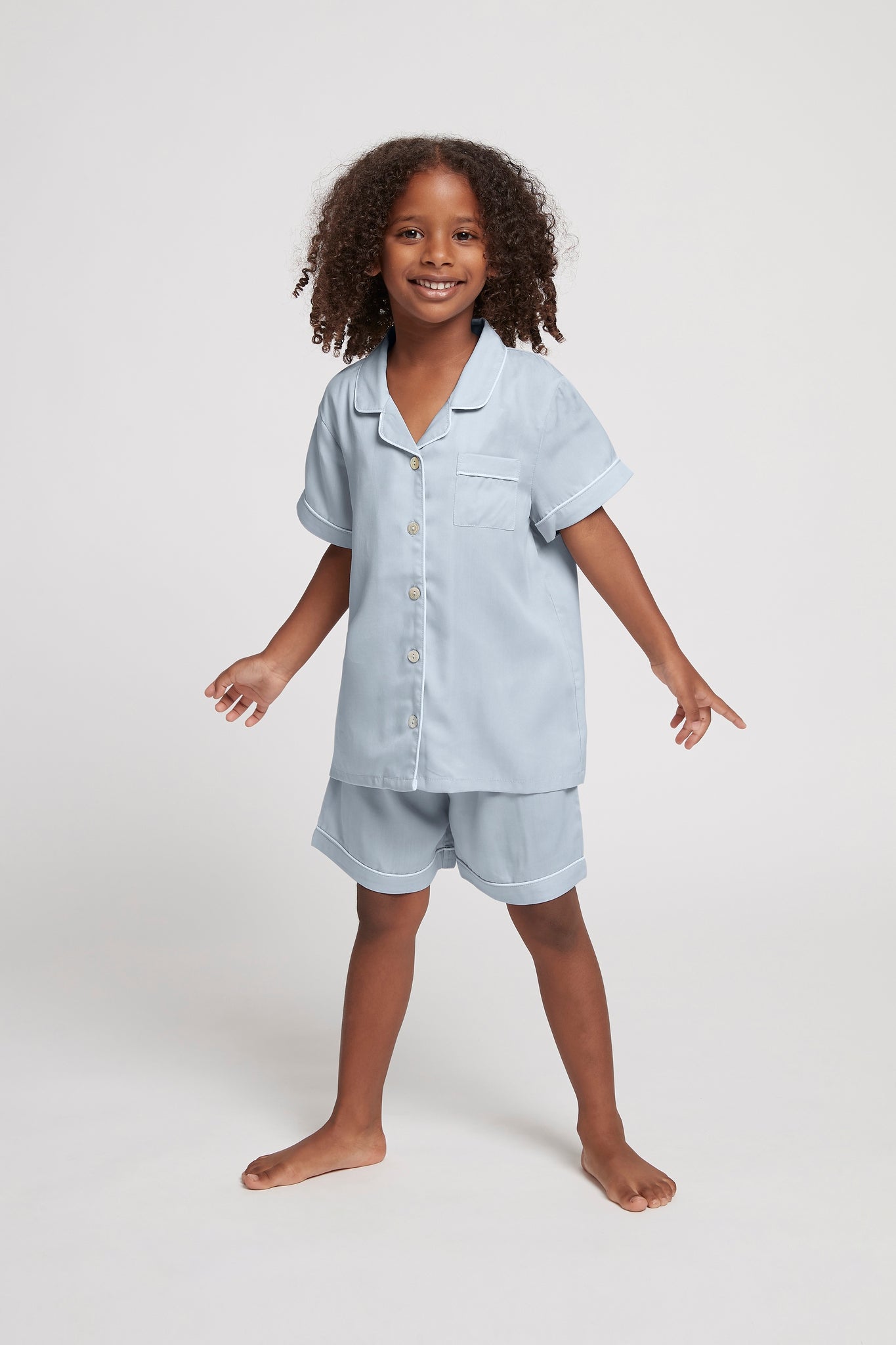 Omleiden alcohol levenslang Eva Kids Short TENCEL™ Pyjama Set - Eggshell Blue with White Piping