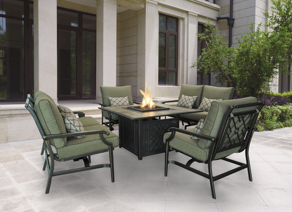 gas fire pit chat set with cushioned chairs