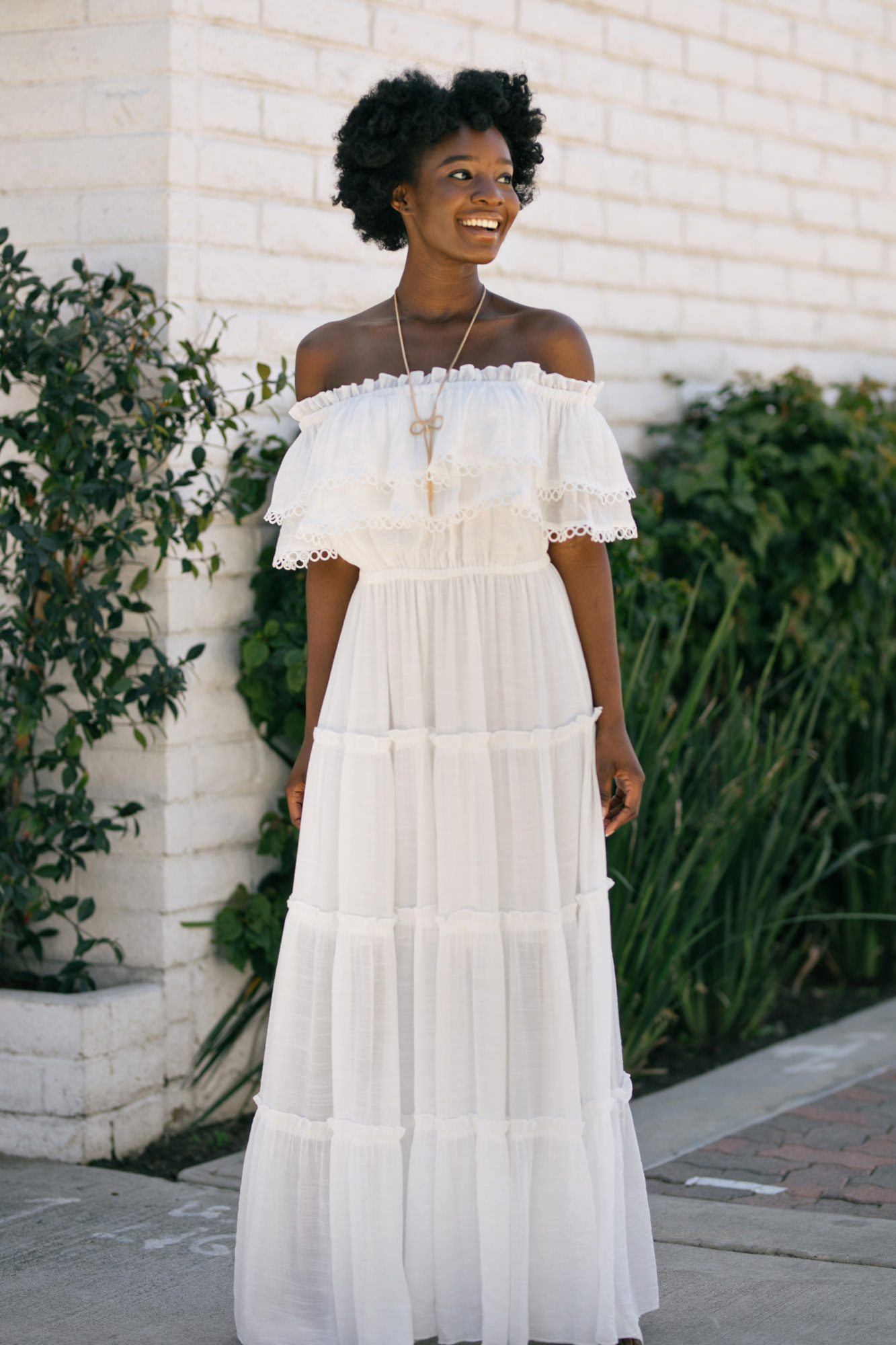 white off shoulder ruffle maxi dress