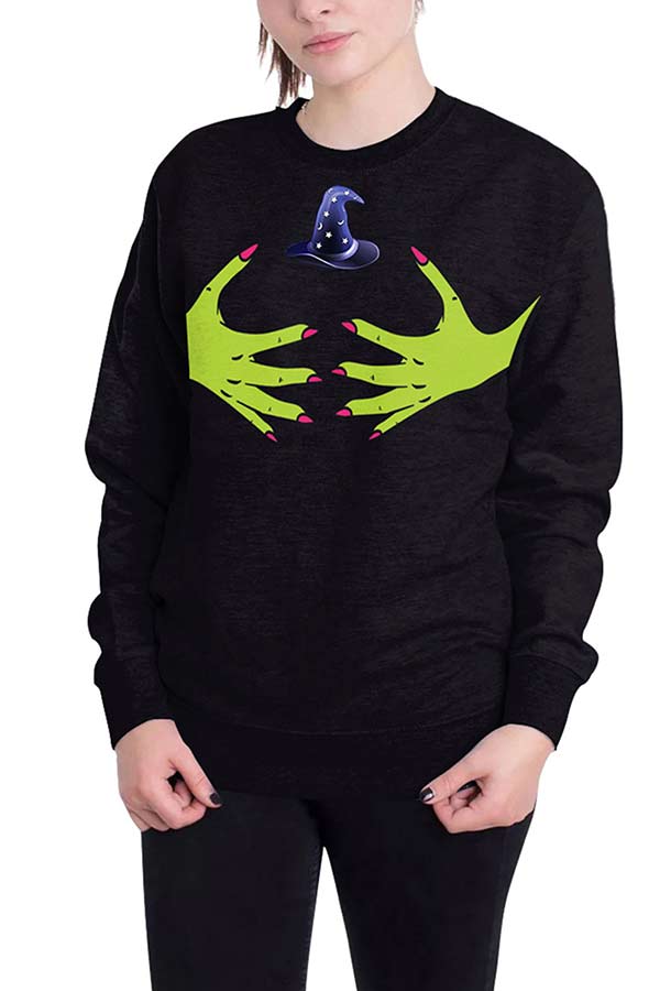 Magic Claw Cap Print Halloween Sweatshirt Light Green