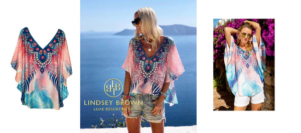 Anna Mavridis wearing pink palm print top by Lindsey Brown