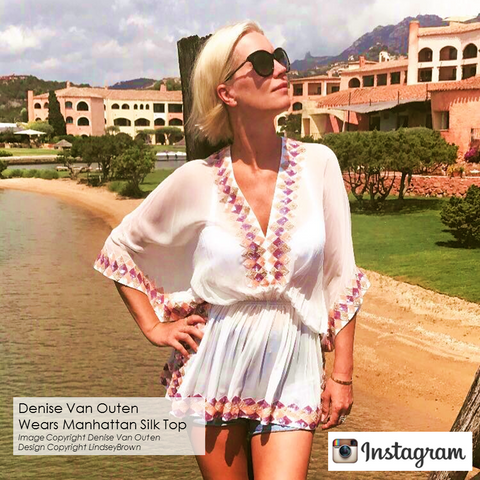 Denise Van Outen wears White Silk Kaftan Top the Manhattan by Lindsey Brown Resortwear