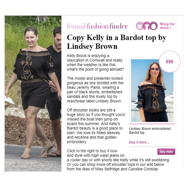 Kelly brook wears Black Bardot top with hearts by Lindsey Brown Resortwear 
