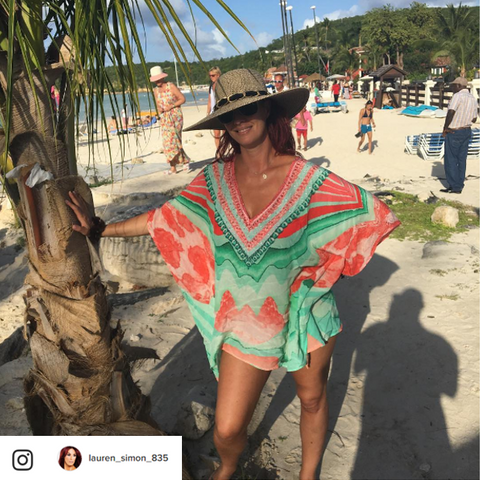 Lauren Simon on beach in Antigua in LindseyBrown Designer Cover Up 
