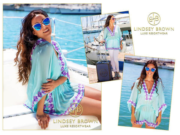 Anna Mavridis wears LindseyBrown Silk resortwear  Aqua Mint top 