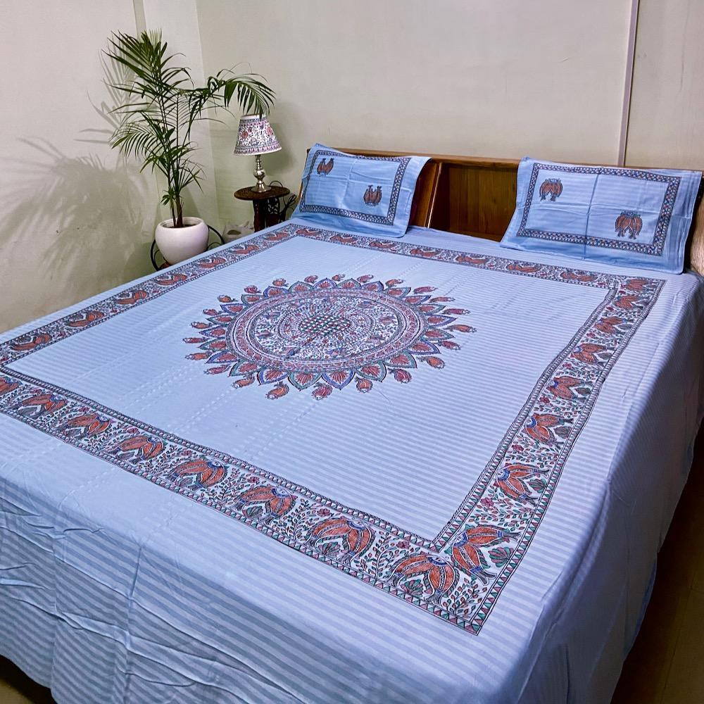 Madhubani Painted Double Bedsheet with Pillow Cover – Mithila Gram
