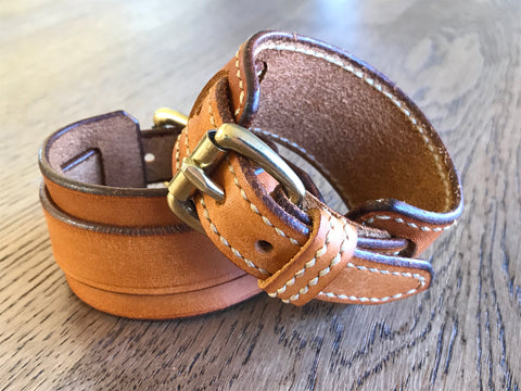 Brown leather buckle wrist cuff bracelet hand stitched 