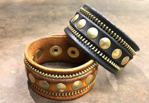 Black and brown zipper rivet cuff bracelets 