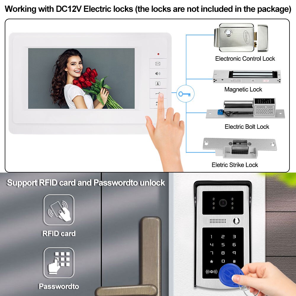 7" Home Wired Video Intercom RFID Video Camera Door Phone Intercom System for Apartments Security Support Card Password Unlock