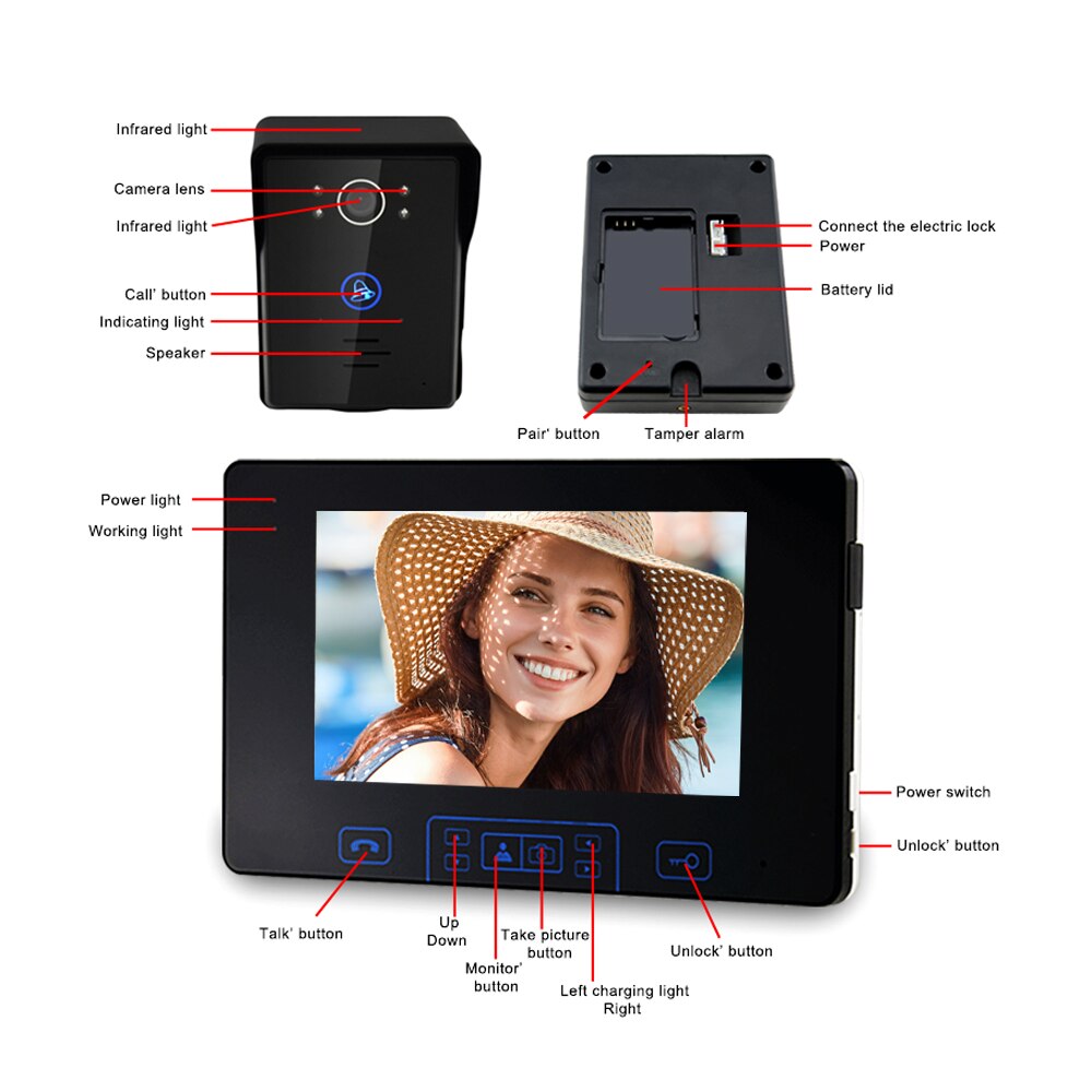 Wireless Video Doorbell 7 Inch Digital Frequency Upgraded Touch Key Rainproof Video Intercom Doorbell with Unlock Function