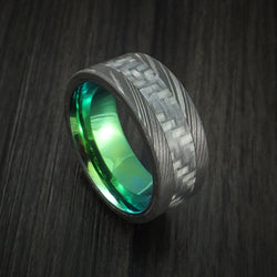 Damascus Steel and Carbon Fiber Ring Custom Made Band with Anodized Green Interior