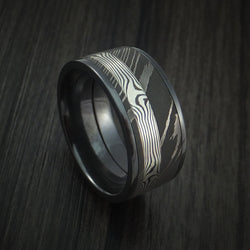 Black Zirconium and Damascus Steel Band with Silver Mokume Gane Shakudo Custom Made Ring