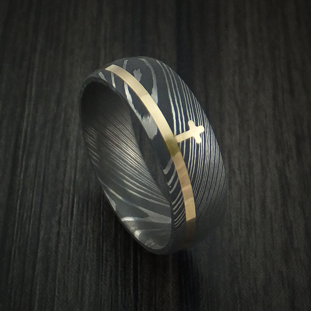Damascus Steel Ring with 14k Yellow Gold Inlay and
