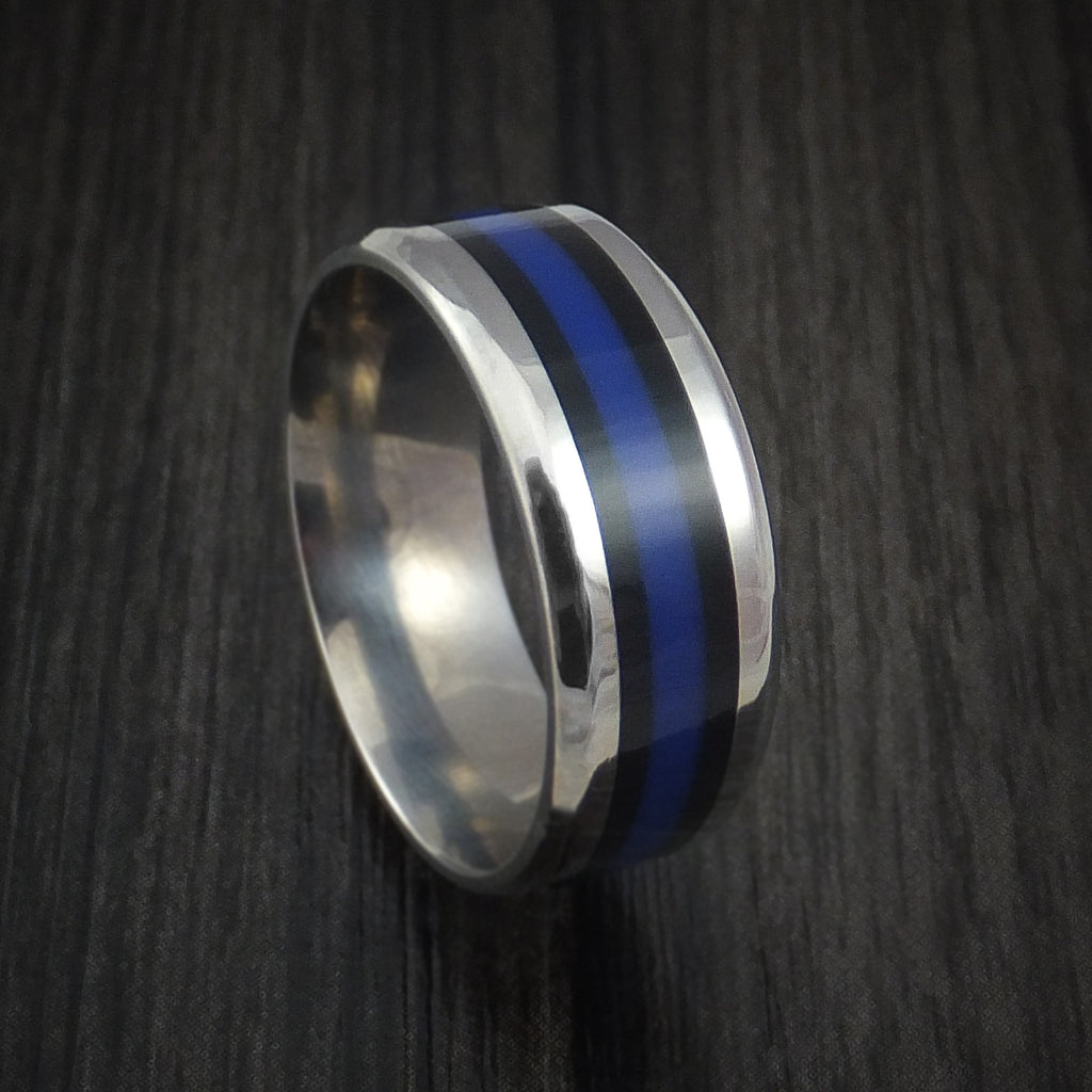 Free Engraving Police Officer Ceramic Blue Carbon Fiber Inlay Wedding Ring Band 