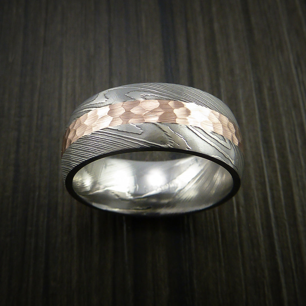 Damascus Steel Wedding Bands USA Made 14k Rose Gold Rings Damascus