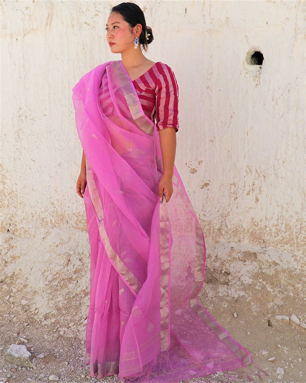Pink Handwoven Jamdani Silk Saree-Samah