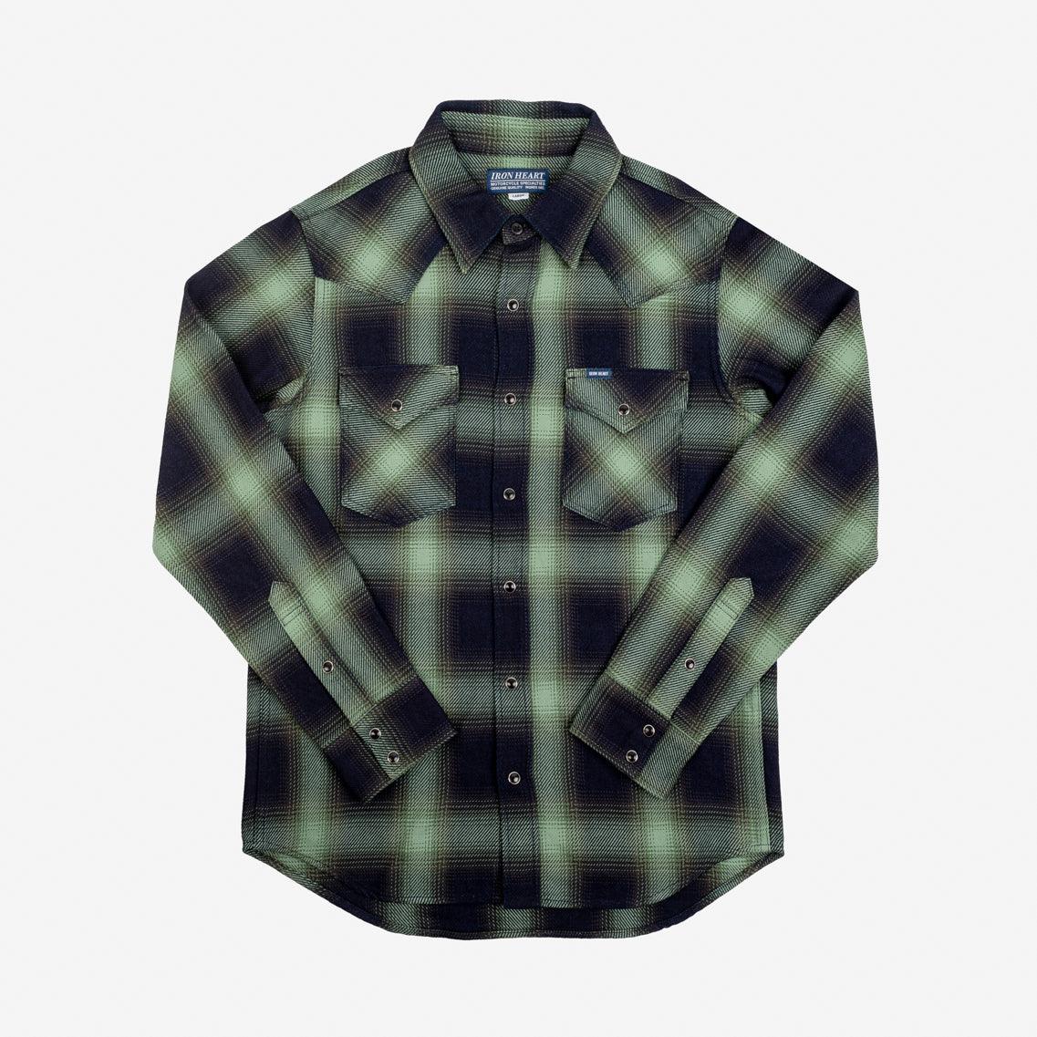 IHSH-348-GRN - 9oz Selvedge Ombré Check Western Shirt - Green