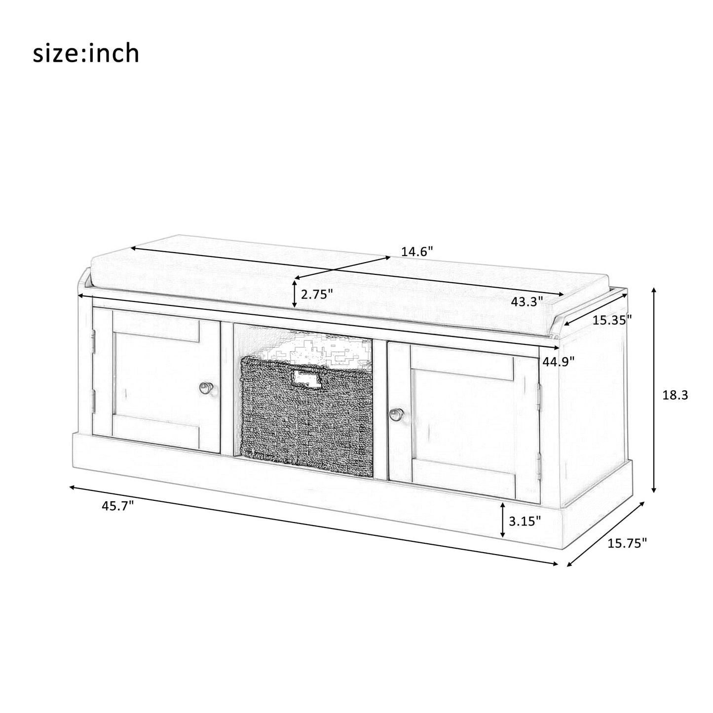 Homes Collection Wood Storage Bench with 2 Cabinets and 1 Basket