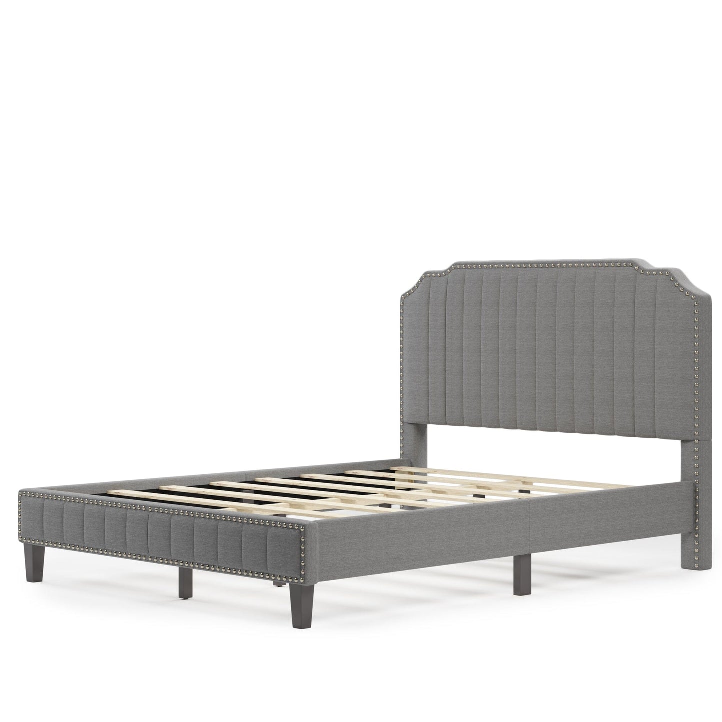 Modern Linen Curved Upholstered Platform Bed , Solid Wood Frame , Nailhead Trim (Queen)