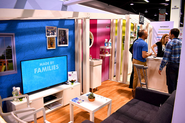 living room area in custom tradeshow booth built for Better Life cleaning products
