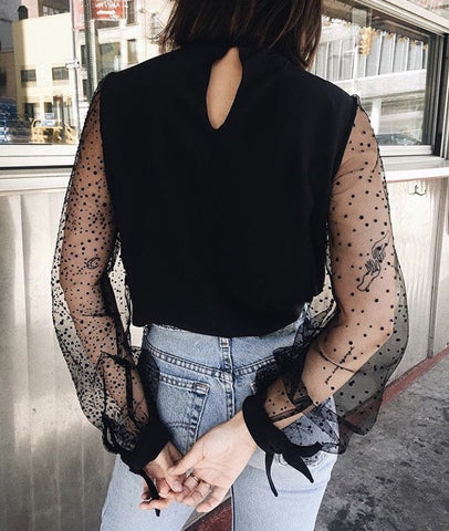Refinery 29 fashion Alyssa Coscarelli wearing black silk spotted tulle blouse in nyc : Natalie & Alanna