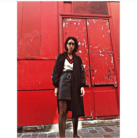 Paris fashion bloger wearin Natalie & Alanna leather black bondage skirt 