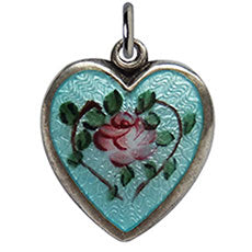 Walter Lampl enamel pink rose aqua blue background puffy heart charm