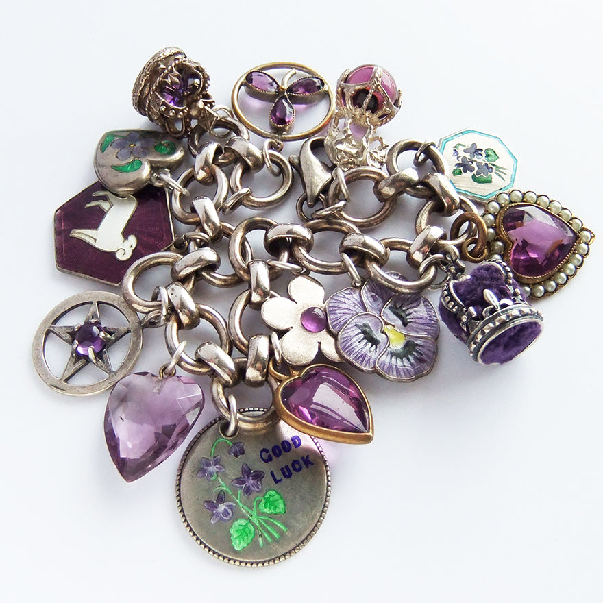 Charm bracelet with antique and vintage enamel and crystal purple violet charms | Silver Star Charms