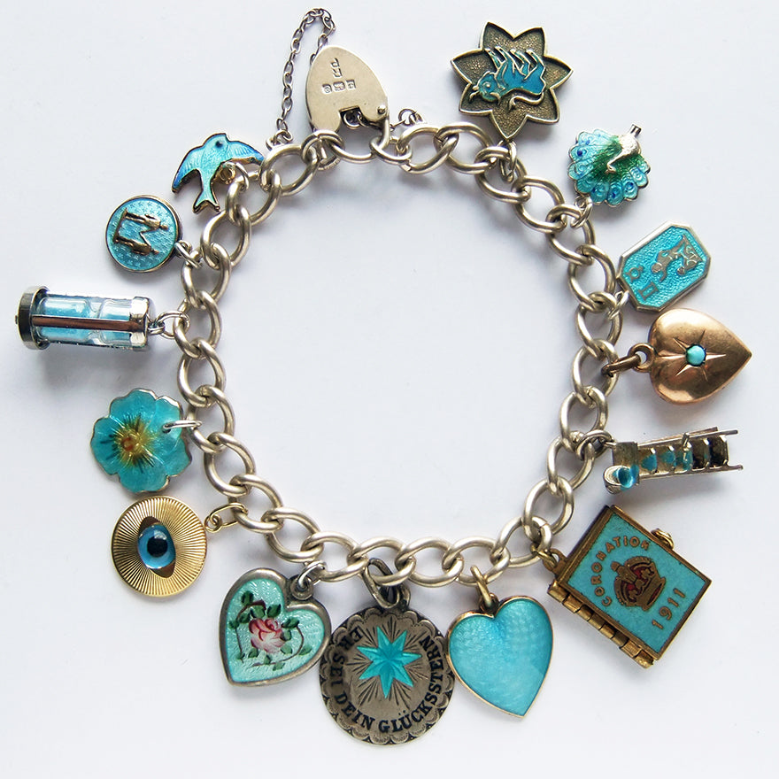 Charm bracelet with antique and vintage enamel and crystal aqua and turquoise charms | Silver Star Charms