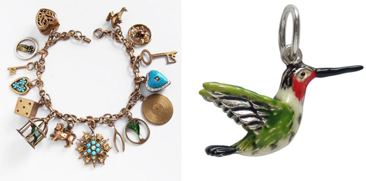 Vintage gold charm bracelet and moder hummingbird charm