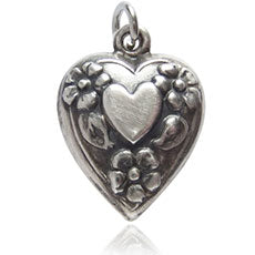 Vintage silver puffy heart with flowers charm