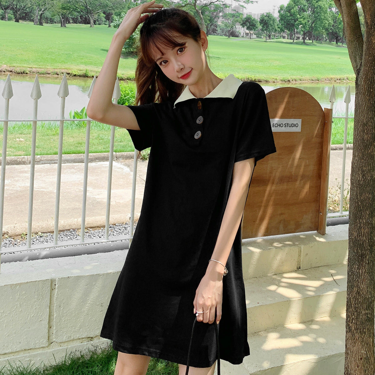配色襟付半袖ポロシャツワンピース 韓国ファッション – サステナモール