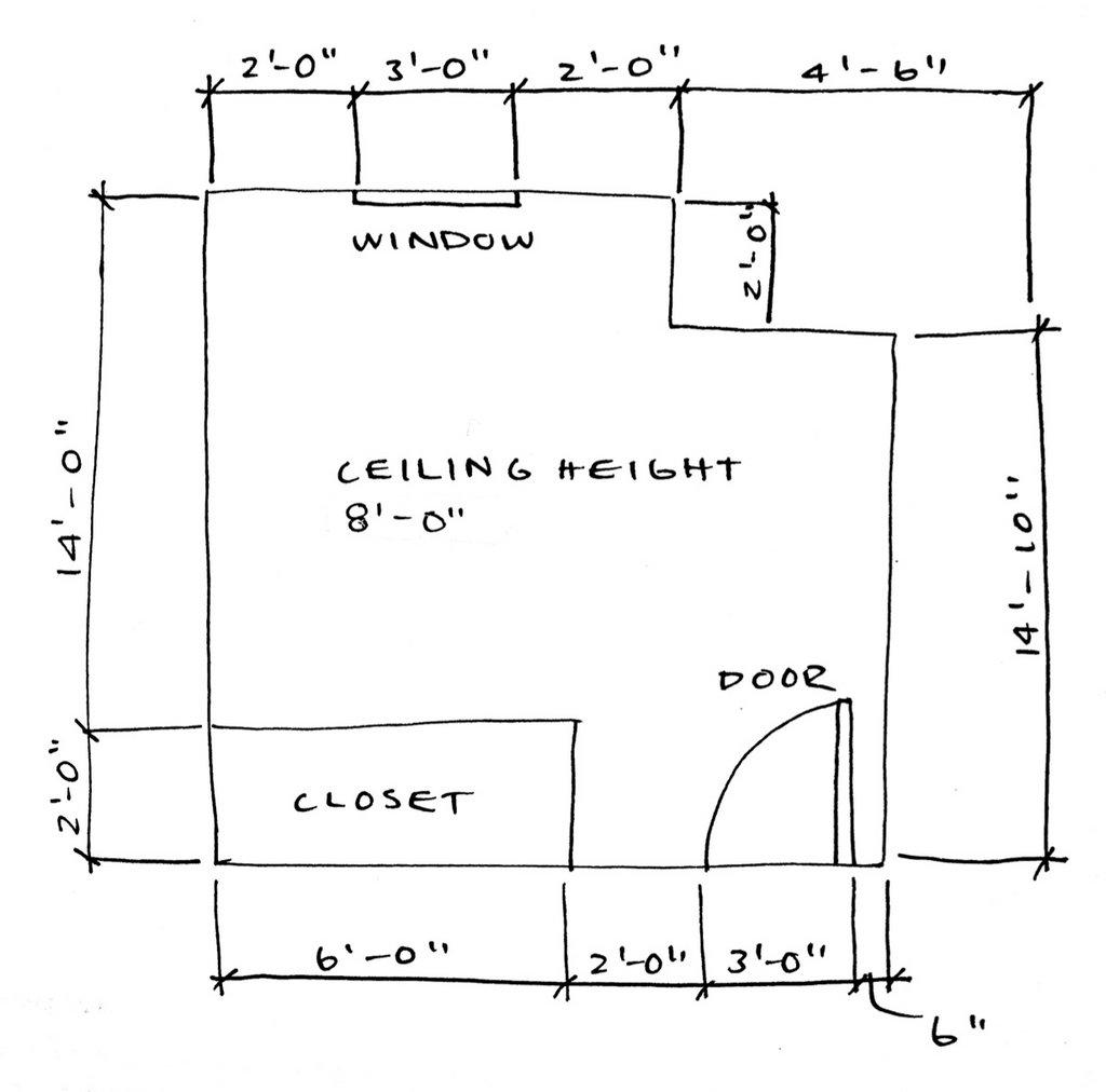 Sketched boy´s room measurements
