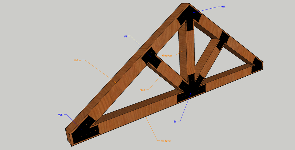 Example king post truss with struts and heavy duty steel timber connector plates