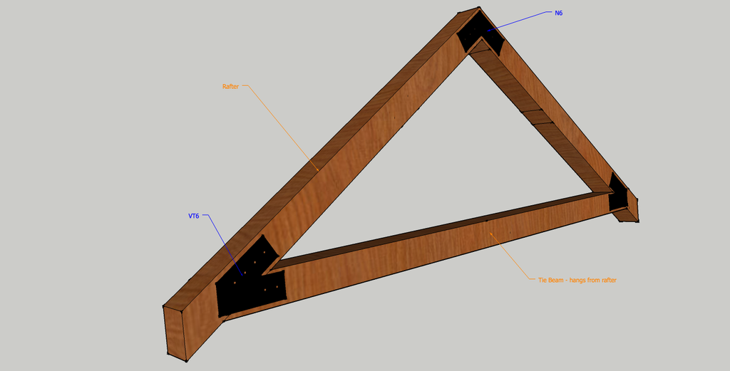 Example tie-beam truss with heavy duty steel timber connector plates