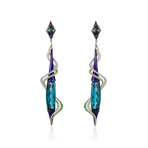 Aria earrings in purple titanium, 14k white and green VeraGold with 41.45 cts. t.w. indicolite tourmalines, 3.34 cts. t.w. tsavorite garnets, and 2.42 cts. t.w. diamonds by Adam Neeley