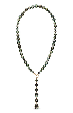 Necklace in 14k yellow gold with 6–13 mm cultured Tahitian pearls with 9 cts. t.w. of black diamonds set into the pearls as geodes by Hisano Shepherd of little h.