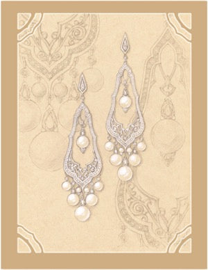 Alhambra earrings by Alexandra Neskreba of NES Jewelry Design Studio in Russia. Proposed design to be made in 18k gold with diamonds and pearls.