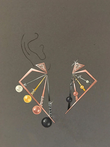 Diversity earrings by Alexia Gryllaki of Athens, Greece, won the Brilliance Award in the 2017-2018 International Cultured Pearl Design Competition from the Cultured Pearl Association of America
