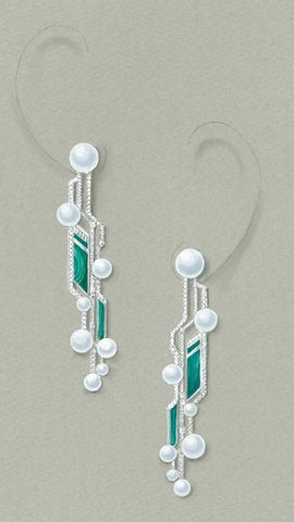 Circuit earrings by Juhyun Song of Amy Eujeny Fine Jewelry in South Korea. Proposed design to be made with South Sea pearls, malachite, and diamonds.